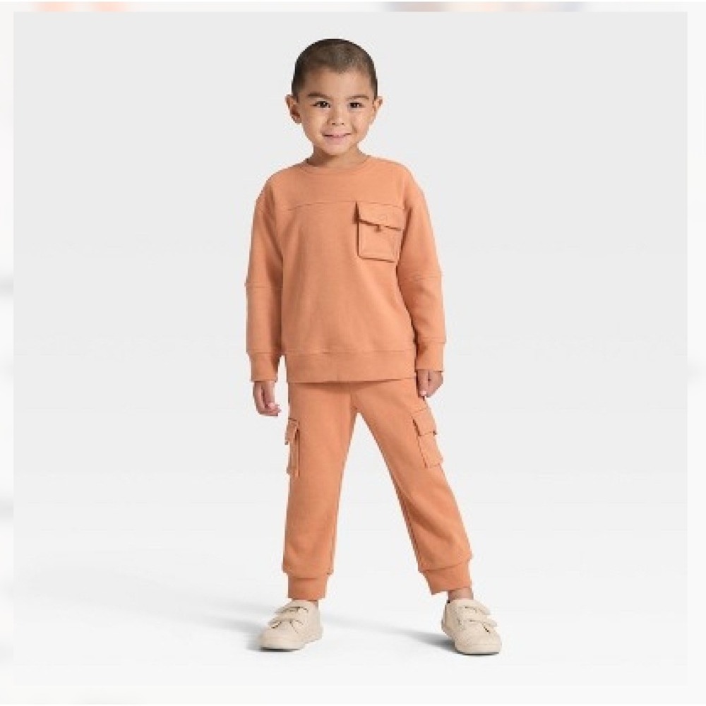Cat & Jack‎ Sweatshirt Jogger Set Toddler 18M Orange NWT Cargo Pocket 2pc Outfit